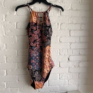 Garnet Hill Floral and Paisley One Piece Swimsuit - Black, Orange, Blue